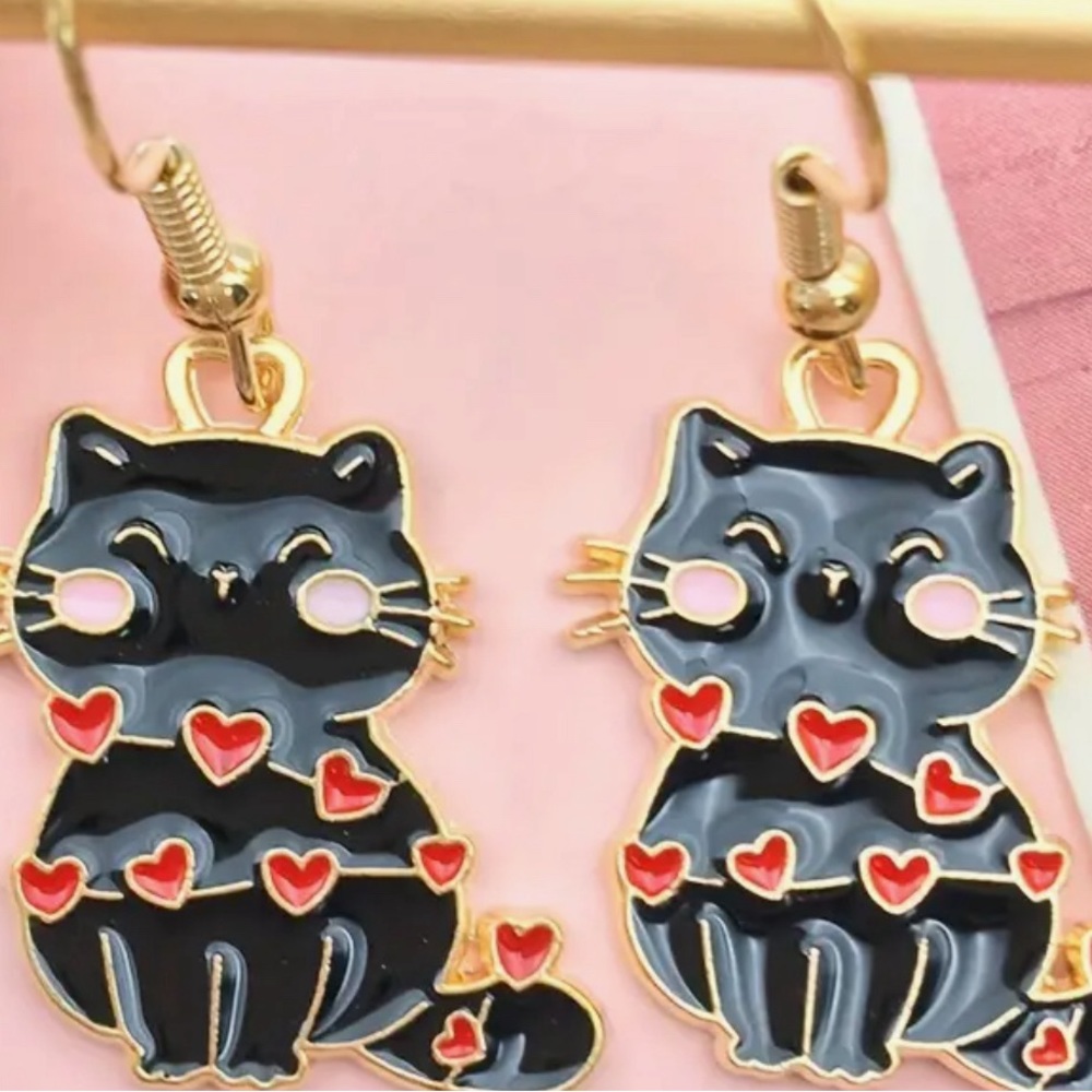 Hearts Decor Cat Pendant Earrings, Lovely Animal Design Ear Jewelry